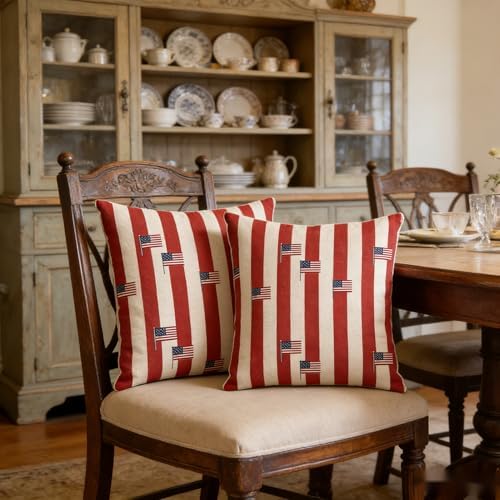 Patriotic Throw Pillow Covers, Red White Blue, Linen, 18x18 Inch, Set of 2, Farmhouse Style, July 4th Independence Day - Image 4