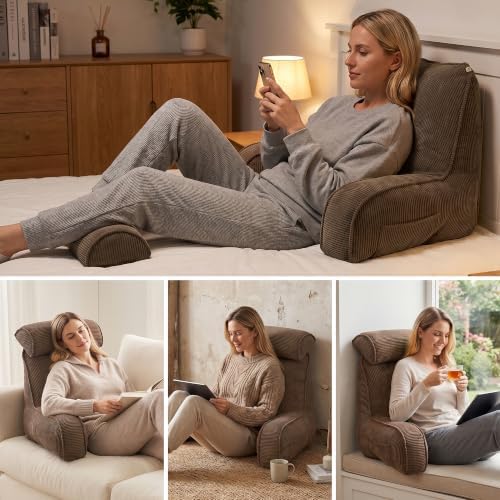 Reading Pillow for Sitting Up in Bed with Arms, Corduroy Back Support Cushion with Side Pockets & Washable Cover, Bed Rest Pillow for Sofa Reading, Relaxing & Watching TV, Chocolate - Image 3