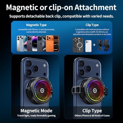 Foluu Magnetic Phone Cooler, 15W Gaming Cell Phone Cooling Fan, RGB Light, Smart Temperature Control, 100-Speed Adjustable Radiator with Magnetic Adsorption & Clip for iPhone Android Live Streaming - Image 4