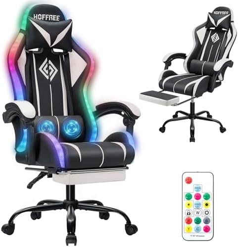 HOFFREE LED Gaming Chair with Massage RGB Lights Computer Game Chair-White | Ergonomic Reclining Gamer Chair with Footrest High Back Video Game Chair with Adjustable Lumbar Support Linkage Armrest by HOFFREEOfficial
