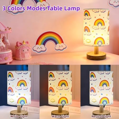 Rainbow Kids Table Lamp for Girls Bedroom Bedside,3 Color Dimmable Eye Caring Nightstand Night Light,Flaxen Fabric Shade Cute Rainbow Decor Desk Lamp for Home Girls Room Nursery,Birthday Gift for Girl - Image 2