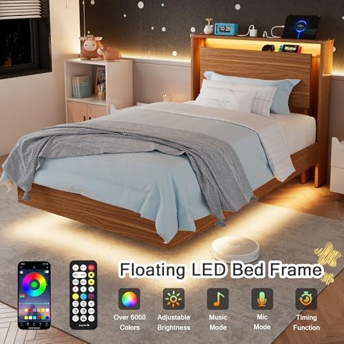 Einhomn Twin Bed Frame with Storage Headboard & LED Lights – Wood Floating Bed Frame with Charging Station, Non-Slip Slat, Kick-Free & Noise-Free Design, Easy Assembly, Walnut - Image 3