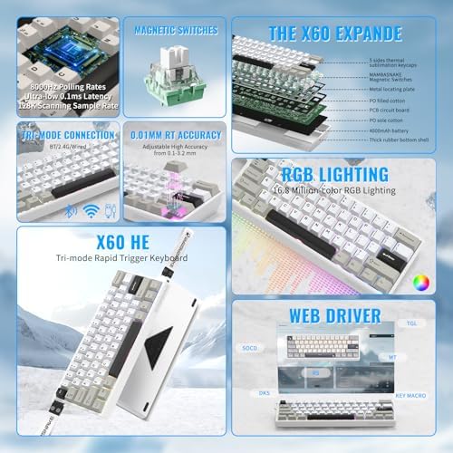 ATTACK SHARK X11&X60HE Mechanical Wireless Gaming Combo,Rapid Trigger Magnetic Switches 8K Keyboard,59g Ultra-Light Mouse with Charging Dock, 22K DPI,PAW3311,RGB Backlit 3-Mode with Coiled Cable-White - Image 2