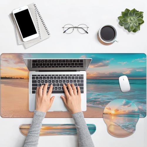 Arttown Keyboard Mouse Pad Set, 4 in 1 Desk Mat Set Ocean Beach - Image 7
