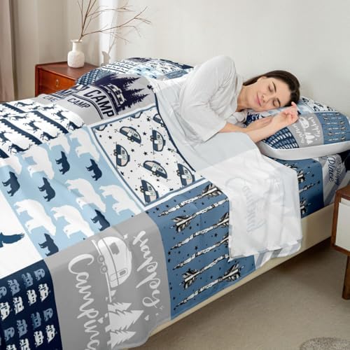 Rustic Modern Farmhouse Bed Sheets Full Teens Adult Camper Sheet Set Happy Camping Car Bedding Set for Kids Boys Girls Polar Bear Deer Animal Fitted Sheet with 2 Pillow Cases Room Decor Flat Sheet - Image 3