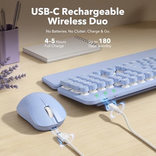 Wireless Keyboard and Mouse Combo, Backlit Round Keycaps, Retro Typewriter Keyboard with Detachable Wrist Rest, Rechargeable & Tilt Legs, 2.4GHz Cordless Connection for Windows/PC (Glowing Purple) - Image 5