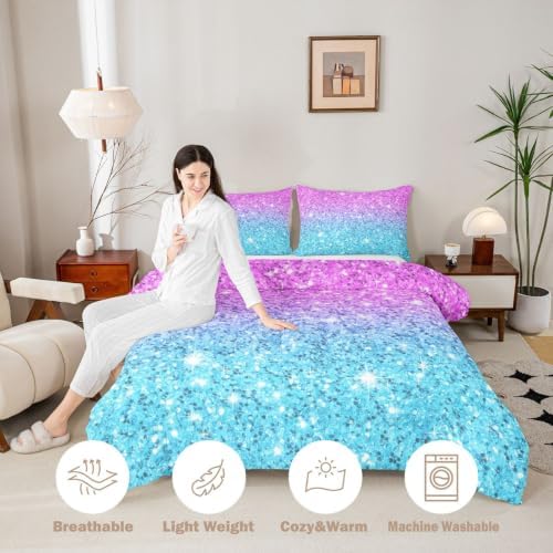 Colorful Glitter Bedding Twin Girly Turquoise Teal Blue Pink Pastel Girls Comforter Set 2 Pcs Trendy Quilt Duvet for Kid Women Down Comforter with Sparkle Sequin Pattern Bling Bedroom Decor Bed Cover - Image 3