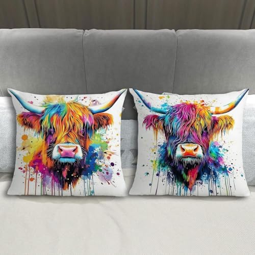 Highland Cow Pillow Covers for Couch Graffiti Cows Pattern Decorative Pillowcase Bedroom Living Room Decor Modern Farmhouse Western Animal Print Cushion Case Bed Sofa Home Decoration 18x18" Set of 4 - Image 4