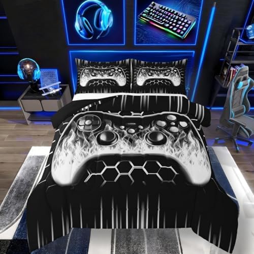 Erosebridal Honeycomb Gaming Kids Comforter Sets Boys Grey Neon Lights Game Console King Bedding Set Ombre Art Geometric Hexagon Beehive Quilt Set Gamer Decor for Boys Bedroom Decor by Erosebridal