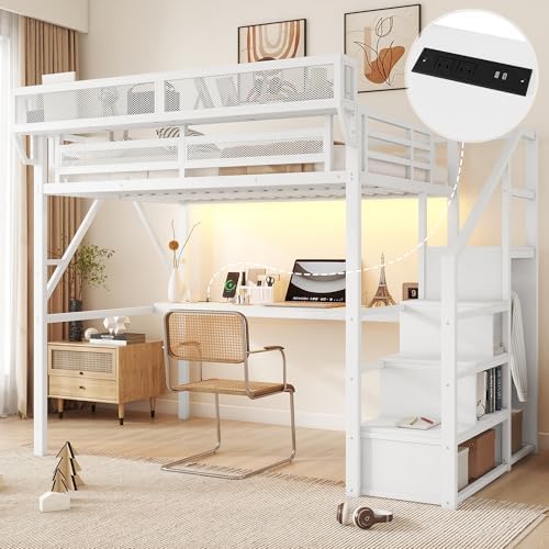 KEIKI Full Size Metal Loft Bed Frame with Desk, Staircase, Built-in Storage Shelves and Wardrobe, Modern Loft Bed with Solid Slats, Guardrail, No Box Spring Required, Easy Assembly, for Bedroom, White - Image 4