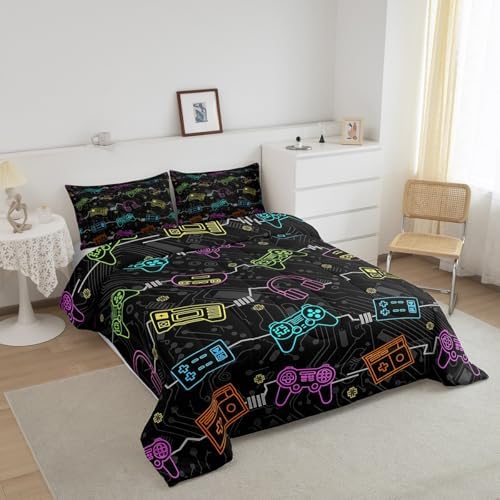 Feelyou Kids Gamer Bedding Set Twin Size, Graffiti Gaming Comforter Set Boys Girls Modern Game Console Comforter Gamepad Teens Duvet Set Bedroom Decor Microfiber Bed Set - Image 3