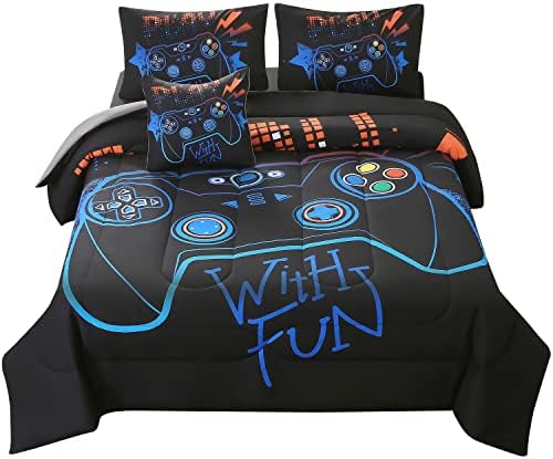 JQinHome Twin Gaming Comforter Sets for Boys,6 Piece Bed in A Bag 3D Video Game Bedding -All Season Soft Microfiber Gamer Bedding Sets for Kids, Pillowcase, Flat Sheet, Fitted Sheet,Cushion Cover by JQinHome