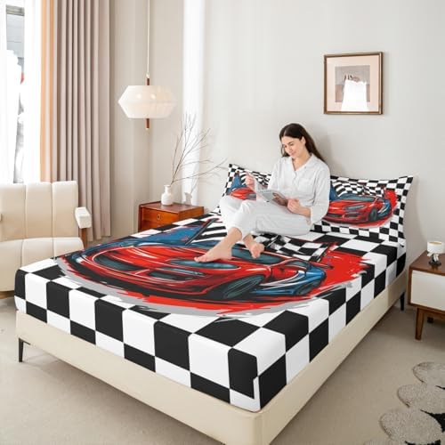 Racing Car Bedding Set Full Size, Cool Speed Race Car Bed Sheets for Kids Boys Teens Bedroom, Automobile Extreme Sport Sheet Set White Black Fitted Sheet Grid Buffalo Flat Sheet with 2 Pillow Cases - Image 6