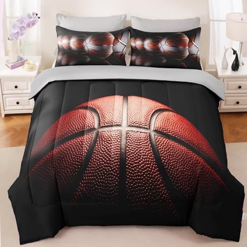 Teens Boys Sports Comforter Set Full,Basketball Bedding Set for Kids,Sports Orange Basketball Comforter Sets,Black Teenage Boy Bedroom Bed Set 3 Pieces with Pillowcases - Image 2