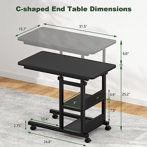 Rolling C Shaped End Table with Charging Station for Couch, Height Adjust - Image 2