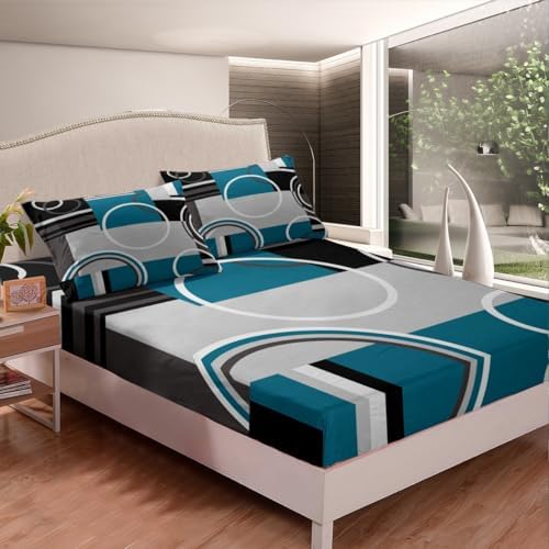 Erosebridal Modern Turquoise Decor Bed Sheets Gray Black Blue Stripes Geometric Sheet Set Twin Size Retro Circle Swirls Bedding Set Modern Abstract Texture Color Art Fitted Sheet - Image 3
