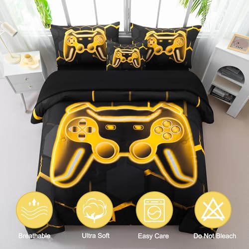 Queen Comforter Set with Sheets, 6Pcs Black and Gold Gaming Bedding Set for Boys, 3D Game Console Bed in A Bag, Gamepad Print Teen Boy Bedding for Bedroom (Gold, Queen) - Image 3