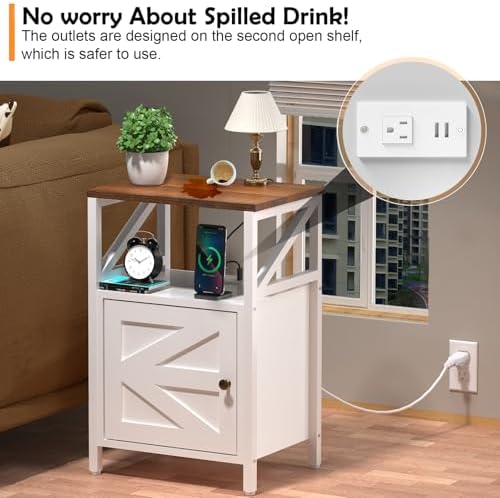 Side Table with Charging Station - Bedside Tables for Small Spaces White - Image 4