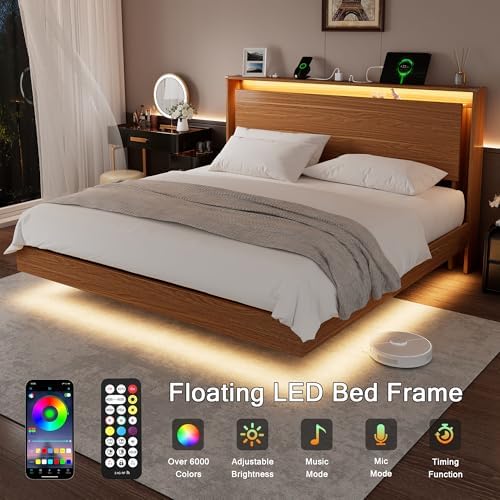 Einhomn King Size Bed Frame with LED Lights & Charging Station – Wood Floating Bed Frame with Storage Headboard, Adhesive Slats, Kick-Free & Noise-Free Design, Easy Assembly, Walnut - Image 3