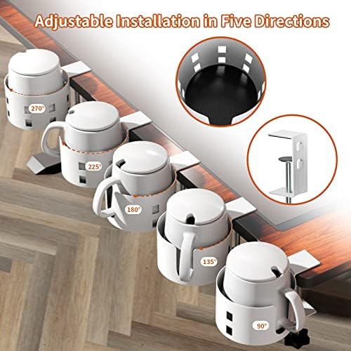Upgraded Large Desk Cup Holder Clamp, Anti-Spill Cup Holder for Table, Durable 5 Adjustable Directions, Metal Office & PC Gaming Desk Accessories, Enough to Hold Coffee Cups, Water Bottles, White - Image 4