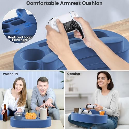 Couch Cup Holder Pillow with 6 Slots, Couch Organizer Caddy & Buddy with Customized Game Controller Hole & Armrest Pads, Removable & Washable Drink Pillow Gamer Gift for Remote, Phone, Snack - Image 3