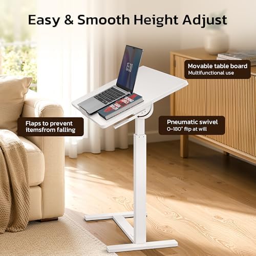 Mobile Standing Desk Adjustable Overbed Table, Pneumatic Height Adjustable Rolling Laptop Desk with Hidden Wheels, 0-180°Tilt Top Rolling Computer Cart Foldable for Home Office, Craft & Study, White - Image 4