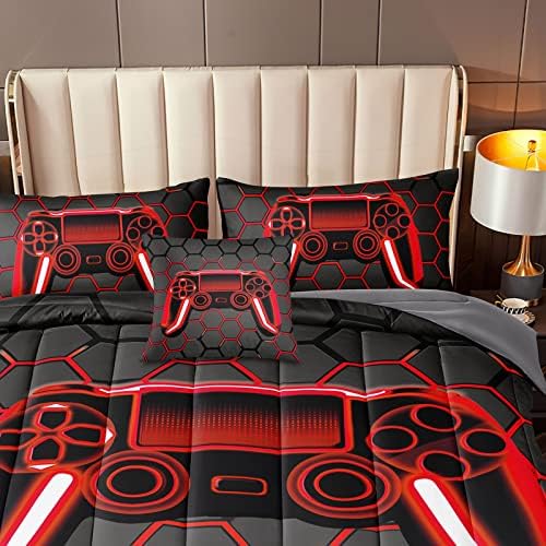 BDUCOK 6 Piece Gamer Comforter Sets Bed in A Bag for Boys Teen Kids,Honeycomb Gaming Bedding Sets Gamepad Comforter Microfiber Bed Set for All Season Gamer Home Decor(red, 6 Piece Sets30023-Queen) - Image 6