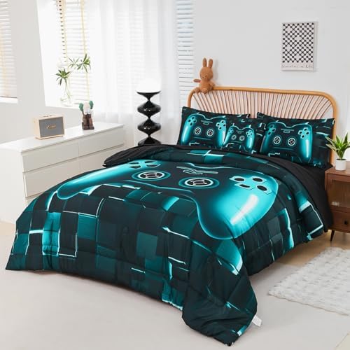 PERFEMET Gamer Bedding Set Twin Size 6-Piece Teal Blue Game Console Bed in A Bag for Boys Kids Teen 3D Black Gamepad Gaming Bedroom Collections(Teal, Twin) - Image 2