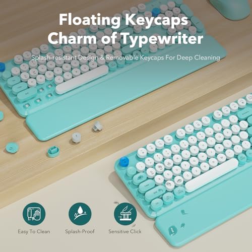 Wireless Keyboard and Mouse Combo, Full-Size Retro Typewriter Keyboard with Round Keycaps, Magnetic Wrist Rest, Tilt Legs, 2.4GHz Cordless for Mac, Windows PC, Laptop, SABLUTE CK23, Robin Egg Blue - Image 4