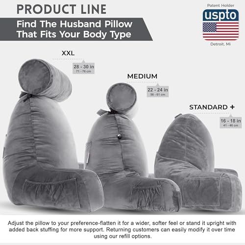 Husband Pillow XXL The Original for Adults - 30" Tall Backrest for Sitting Up in Bed - Firm Support Reading & Bed Rest Pillows for Adults, Neck Roll, Removable Cover - TV - Dark Grey - Image 4