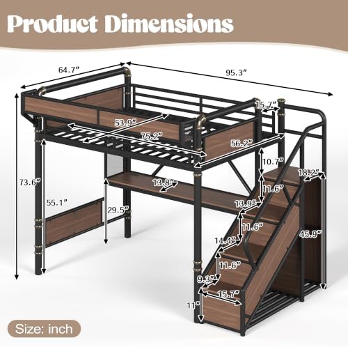 KEIKI Full Size Metal Loft Bed Frame with Storage Staircase, Desk, Black - Image 2