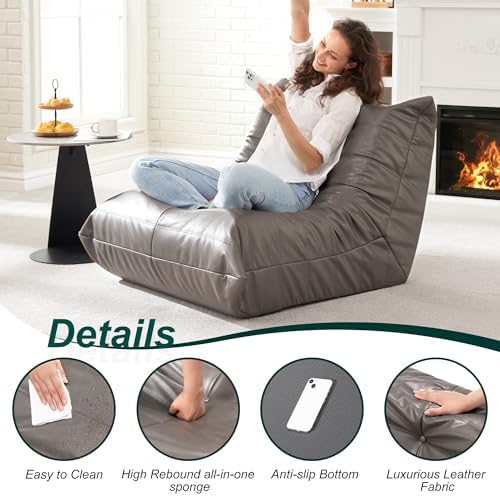Hobestluk Bean Bag Chair Leather Togo Chair Memory Foam Living Room Adult | Ergonomic Design,Floor Chair,Waterproof Sofa,Easy Clean,Anti-slip ,No Assembly Required,Bedroom Dorm Office Reading Grey - Image 6