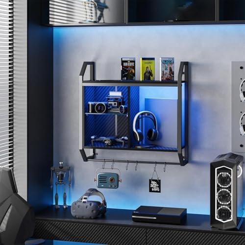 Bestier 25" LED Gaming Floating Shelves for Wall, Wall Mounted Shelf Pipe Adjustable Glass Shelves, Hanging Display Rack with 6 S-Hooks Towel Bar, Gaming Room Decor Shelf, Carbon Fiber Black - Image 6