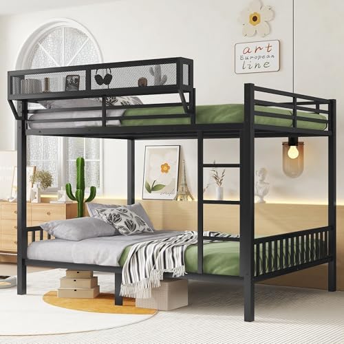 KEIKI Queen Over Queen Size Metal Bunk Bed Frame with Ladder and Built-in Storage Shelves, for Teens, Bunk Bed with Solid Slats, Guardrail, No Box Spring Required, Easy Assembly, for Bedroom, Black - Image 3