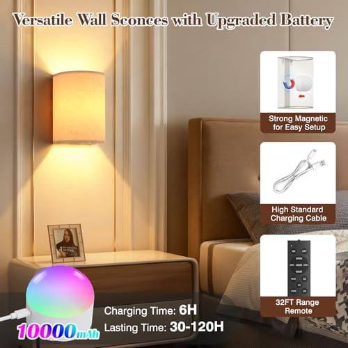 Battery Operated Rechargeable Wall Sconce Set of Two with 10000mAh Battery - Image 6