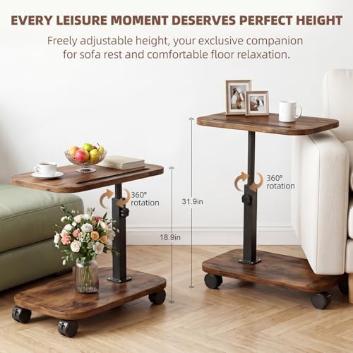 Adjustable TV Tray Side Table 360°Swivel Rolling, Rustic Brown - Image 5