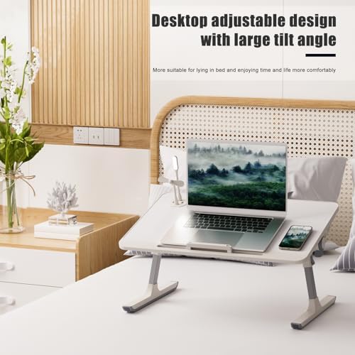 Laptop Desk Foldable Bed, Table Folding Breakfast Tray, Adjustable Laptop Bed Table with Heights and Angles, Foldable Table with Storage Drawer Eating, Working, Writing, Gaming, Drawing (White) - Image 5