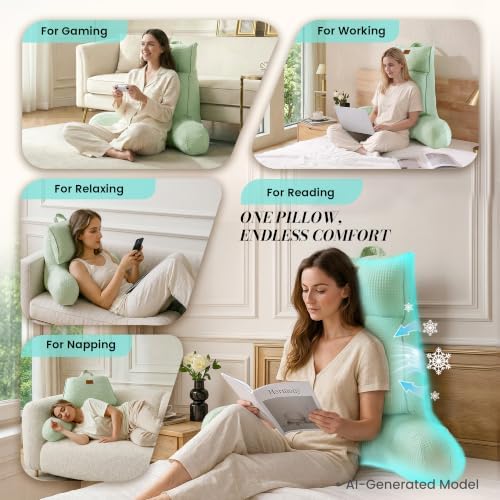 Adjustable Firmness Waffle Support Cooling Reading Pillow, Sage Green, 29" - Image 3