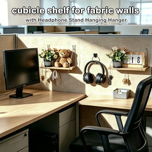 Fabric Wall 2 Pack Wooden Cubicle Shelf with 1 Headphone Stand Hanging Silver Hanger, Office Organizer Accessories, Women Men Desk Organizer Stylish Ations Holder, Desk Work Space Storage Hook - Image 5