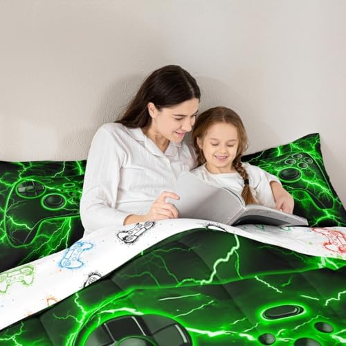 Erosebridal Gamer Comforter Set Gaming Twin Bedding Sets for Girls, Video Game Console Comforter Green Lightning Quilt,Boys Bedroom Decor - Image 4