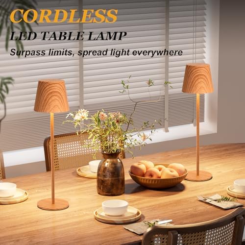 Kakanuo Wood Grain Cordless Table Lamp Rechargeable - 2 Pack 5000mAH Battery Operated Lamp for Counter, 3 Color Stepless Dimming Wireless Lamp for Dining Kitchen, Outdoor Patio, Touch Control - Image 3