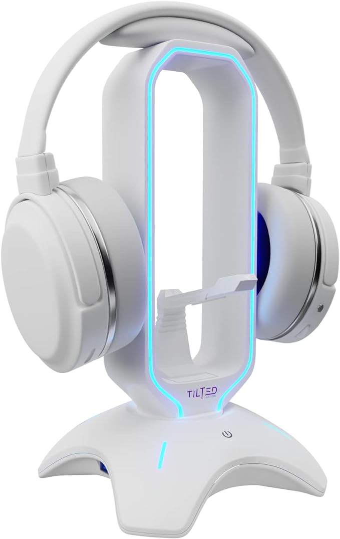 Tilted Nation Gaming Headphone Stand | RGB Headset Stand White | Headset Holder for Desk with Mouse Bungee and USB Hub | The Ultimate Gaming Accessories for Gamers for PS5, Xbox, PC - White by TiltedNation