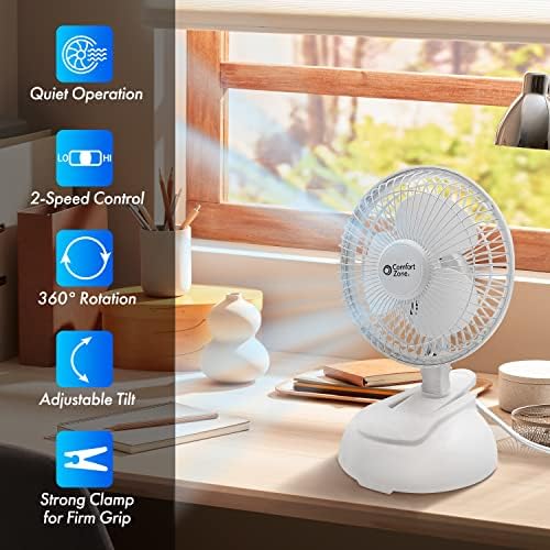 Comfort Zone CZ6XMWT 6” 2-Speed Combo Clip or Desk Fan with Removable Base, Strong Clamp for Firm Grip, Suitable for Bedroom, Office, or Dorm Room, White - Image 3