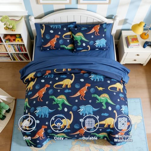 Boys Full Size Bedding Set - 7 Pieces Navy Dinasour Full Comforter Sets - Image 4