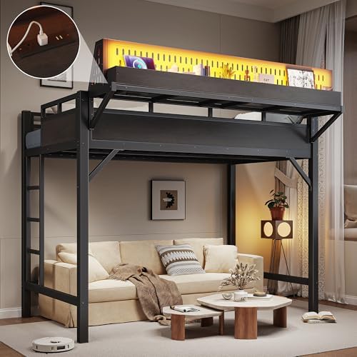 KEIKI Twin XL Metal Loft Bed Frame with Storage Shelves & Pegboard, Loft Bed with USB Ports and LED Lights, Space Saving Bed Frame for Kids Teens Dorm Rooms Apartments Gaming & Study Spaces - Image 5