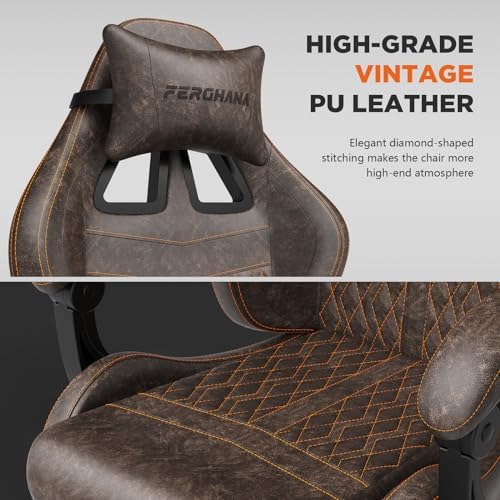 Ferghana Vintage PU Leather Gaming Chair, Ergonomic Gamer Chair with Massage, High Back Computer Office Chair with Footrest for Adults, Racing Style Reclining Video Game Chair (Brown) - Image 4