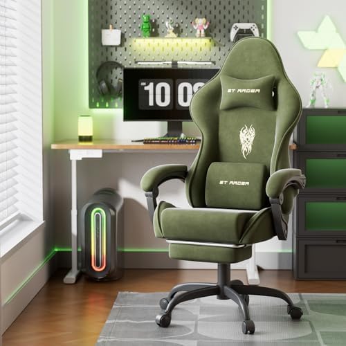 Ferghana Velvet Fabric Gaming Chair, High Back Ergonomic Gamer Chair for Adult, Comfortable Video Game Chair with Footrest and Massage Lumbar Cushion, Racing Reclining Office Computer Desk Chair Green - Image 2