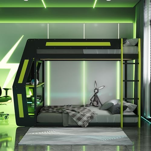 Merax Full Over Full Gaming Bunk Bed Frame with Side-Mounted Oversized Desk, USB Charging Ports & Cable Grommet & Light, Cool Design Heavy-Duty Esports Loft Bed Frame, Green - Image 5