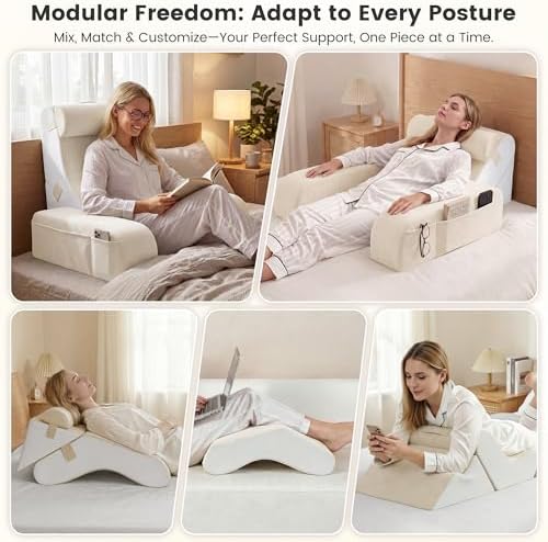 Homkdom Reading Pillow for Sitting in Bed Adult, 22" Back Pillow for Bed Sitting up with Armrests & Storage Pockets, Ergonomic Wedge Pillow for Watching TV, Gaming, Working, Recovery, 5PCS, Beige - Image 3
