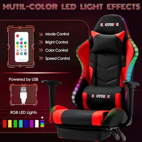 ECOTOUGE Gaming Chair, Video Game Chair with RGB LED Lights & Footrest | Ergonomic Computer Chair Height Adjustable with Massage Lumbar Support and Headrest for Adults and Kids, Black&Red - Image 4